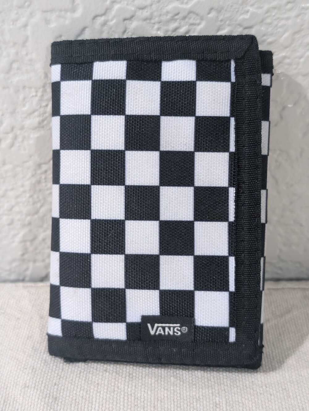 VANS Tri-Fold Wallet Black & White Checkerboard Black Border Nylon Skater Surfer